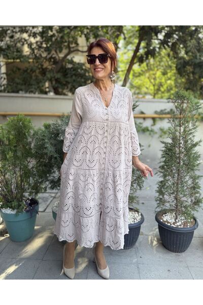 DenizEge Φόρεμα με όλα τα κουμπιά με κέντημα μπεζ