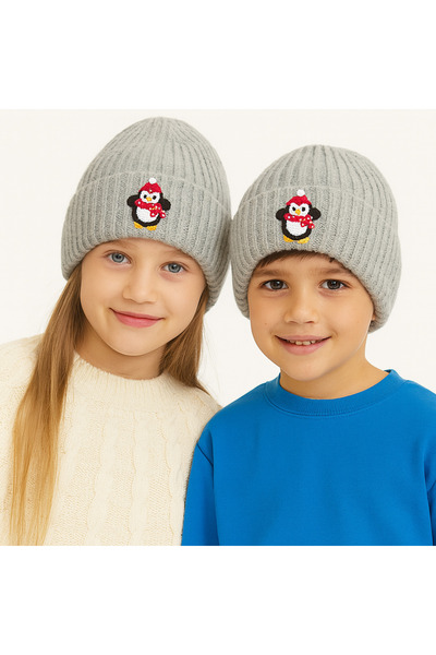 byebruketenci Beretă gri pentru copii cu figurină pinguin - Detaliu perforat