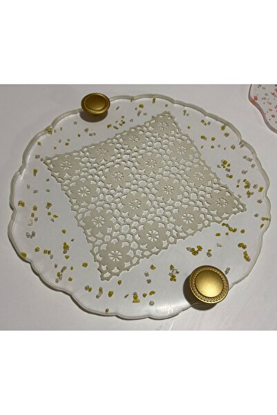 Home Epoksi Reçine Dantelli Tepsi - Kare Dantel İncili - Çapı: 30 cm