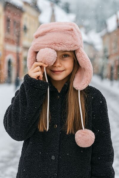 FELLMENS Pink Plush Fur Girl's Beret Hat with Earmuffs and Pompom