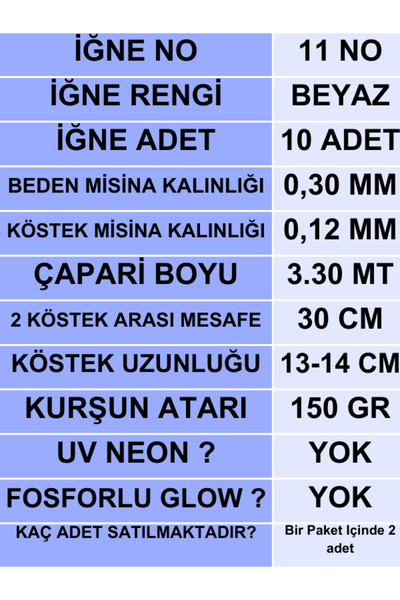 ea genset Çapari İstavrit Çaparisi 30x12 Beden Boğaz Mavi Sim 11 No Beyaz İğne 10 İğneli Çapari 2li Paket