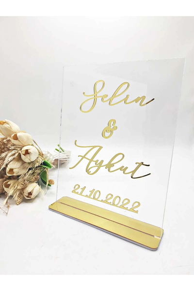RetroLazer 25x20 Cm Masa Üstü Pleksi Isimlik Söz Nişan Kına Gold