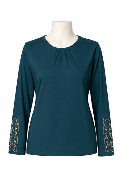 Nacar Moda Γυναικεία μπλούζα από λύκρα μεσαίας και μεγαλύτερης ηλικίας Four Seasons Green Mother Combed Cotton Blouse New Season με κεντημένο μανίκι