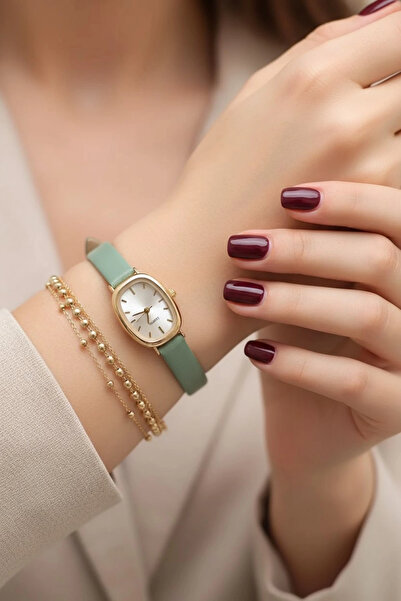 MİLABELLA Octea Mint Yeşili Deri Kordonlu Kare Minimal Kadın Kol Saati