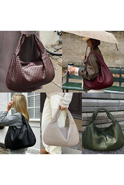 RumyaCollection حقيبة كتف نسائية كبيرة الحجم منسوجة بنمط أنيق وعصري للاستخدام اليومي باللون البني المر