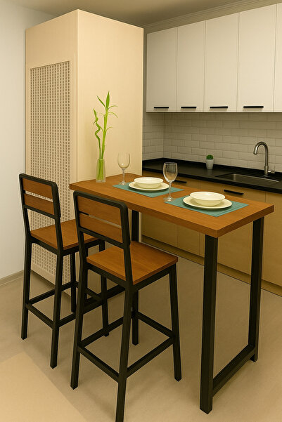 MODERN LİFEE 2 TABURE+BAR MASASI ÖZEL TASARIM DOĞAL AHŞAP BAR MASASI TAKIMI 6...