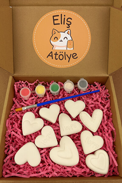 EL YAPIMI Eliş Atölye 12’li Kalp Taş Boyama Seti – 6 Renk Boya ve 1 Fırça Dah...