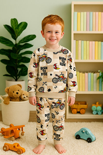 Arya Nisa Kids Boys' Motorcycle Printed Brown 100% Cotton Seasonal Pajama Set