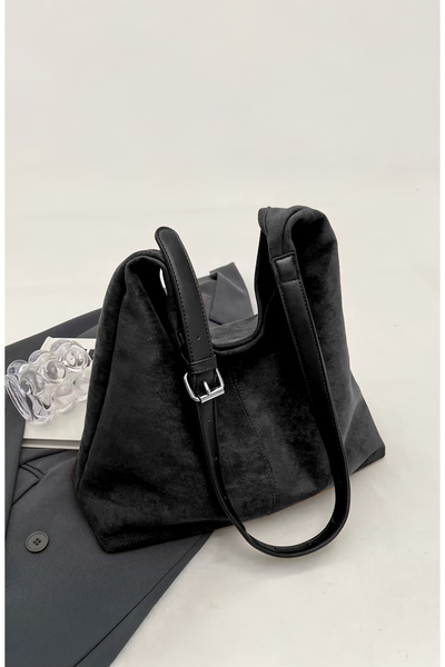 DENSİLA Geantă de umăr Salash cu închidere rapidă din piele de căprioară neagră pentru femei