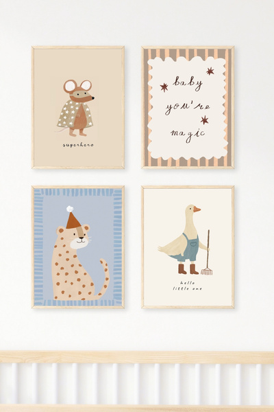 PİTAYA Kahraman 4'lü Poster Seti- Çerçevesiz Tasarım Erkek Çocuk Odası Tablo Bebek Odası Duvar Dekoru