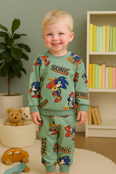 Arya Nisa Kids ERKEK ÇOCUK SONİC DESENLİ YEŞİL %100 PAMUK PİJAMA TAKIMI