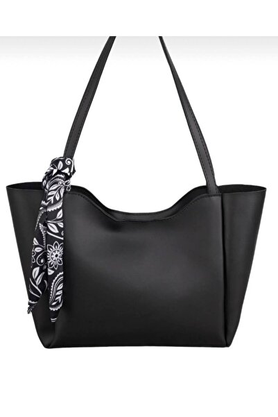 Marvelis Geantă mare neagră pentru femei Kante, model shopper cu cadou eșarfă