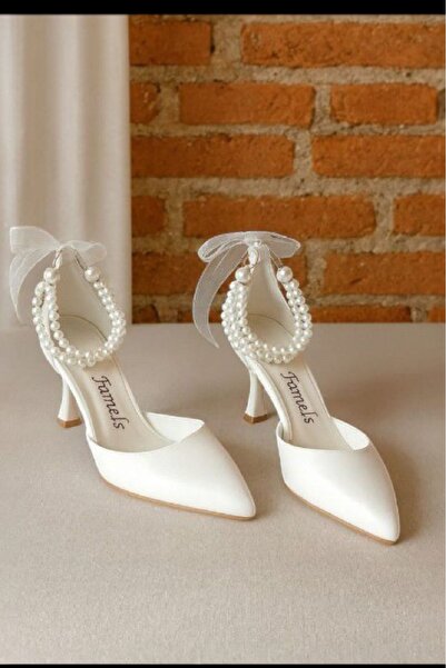 Famels Pantofi cu toc cu perle duble Mireasa cu perle si cascara Pantofi pentru rochie de nunta Pantofi pentru petrecere de seara