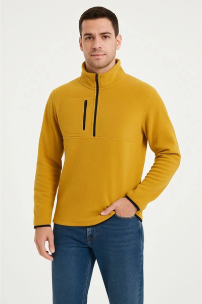 mzpkartan Men's Fleece Sweatshirt – Stand Collar, Half Zipper, Zippered Chest Pocket, Black Trim, Winter Comfortable Reg