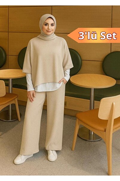 New Lune Women's Clothing 3-Piece Set, Scuba Fabric, High-Waist Pants with Pockets and Wide Legs, Casual Stylish Combination