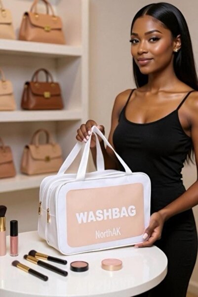 NorthAK Çift Bölmeli Şeffaf Spor Seyahat Makyaj ve Kozmetik Çantası - Anne Bebek Büyük Boy Washbag Beyaz