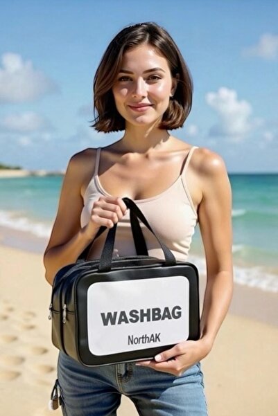 NorthAK Çift Bölmeli Şeffaf Spor Seyahat Makyaj ve Kozmetik Çantası - Anne Bebek Büyük Boy Washbag Siyah