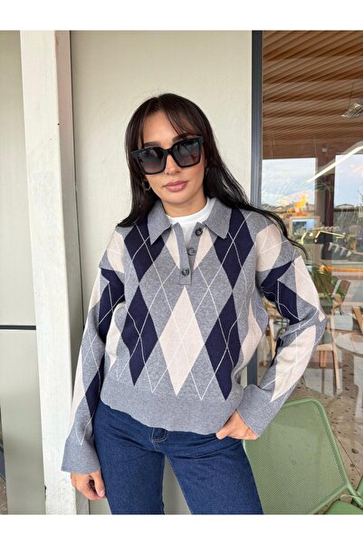 Mila YUMUŞAK DOKULU BAKLAVA DESENLİ POLO YAKA KAZAK