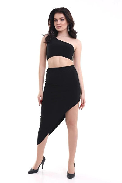 Faylora Set dublu din țesătură de nisip pentru femei, cu un singur umăr, cu tiv asimetric, cu detaliu în dungi