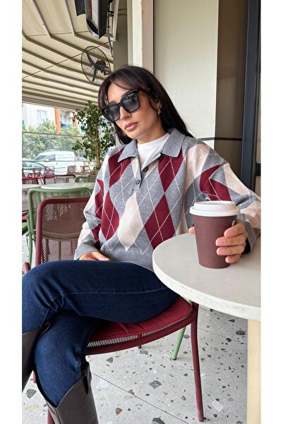 Mila YUMUŞAK DOKULU BAKLAVA DESENLİ POLO YAKA KAZAK