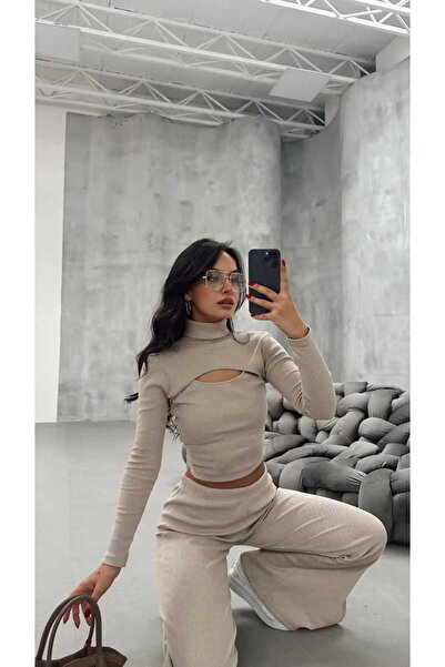 albaroda Bluză decoltată bej pentru femei și talie înaltă cu fantă Trening și pantaloni