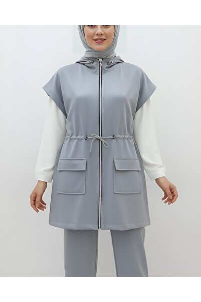 Modamorfo Double Pocket Zippered Rubber Detailed Short Sleeve Scuba Suit - Gray