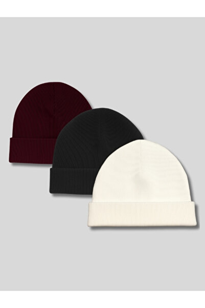 BELTICHA Unisex Siyah Krem Bordo 3'Lü Basic Katlamalı Bere