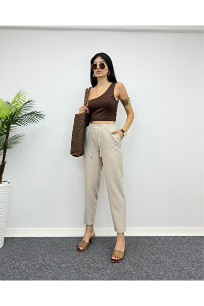 deqfashion Bej Beli Lastikli Bağcıklı Havuç Kumaş Pantolon