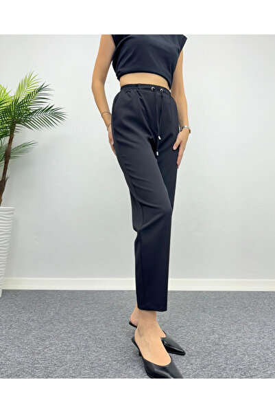 deqfashion Siyah Beli Lastikli Bağcıklı Havuç Kumaş Pantolon