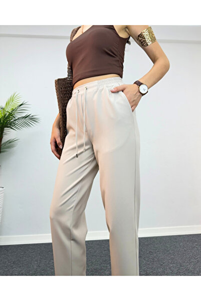 deqfashion Bej Beli Lastikli Bağcıklı Havuç Kumaş Pantolon