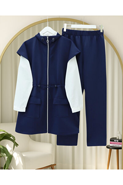 Modamorfo Double Pocket Zippered Rubber Detailed Short Sleeve Scuba Suit - Navy