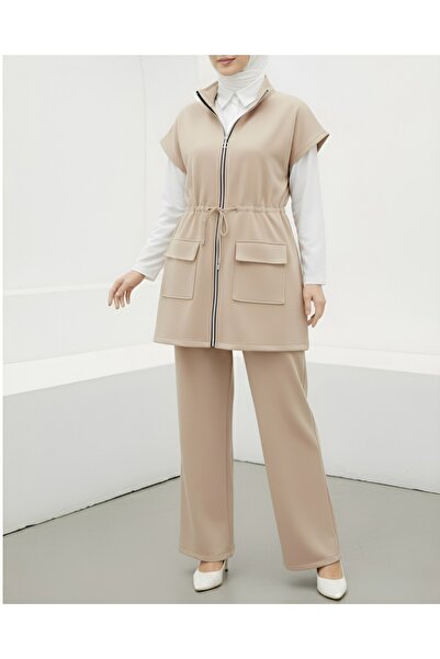 Modamorfo Double Pocket Zippered Rubber Detailed Short Sleeve Scuba Suit - Beige