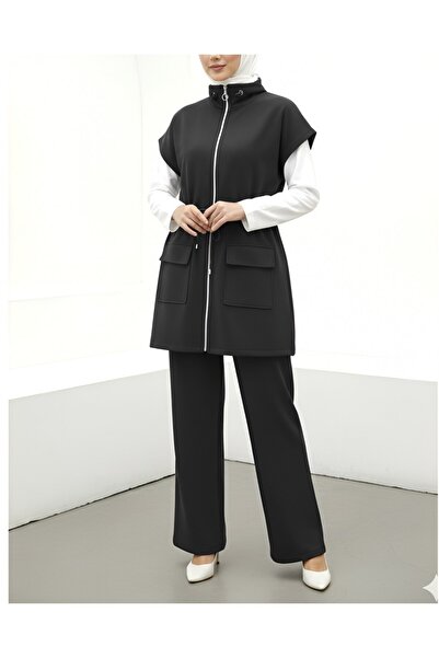 Modamorfo Double Pocket Zippered Rubber Detailed Short Sleeve Scuba Suit -Black