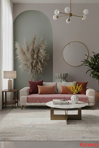 Miracolo Home Kırmızı Pamuklu Koltuk Örtüsü 115x200 Önden Saçaklı Çizgili Desenli