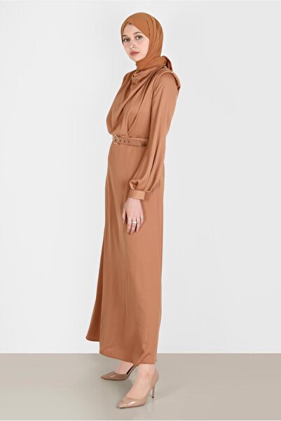 Alvina Satin Dress - Draped Collar and Belt 42648