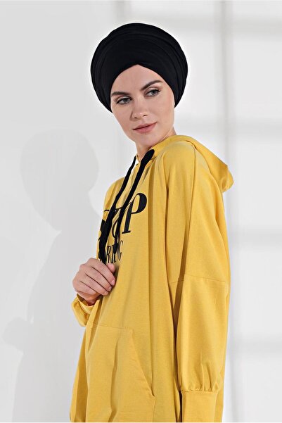TRENDTESETTÜR Women's Yellow Text Printed Pocketed Tracksuit Tunic 6102