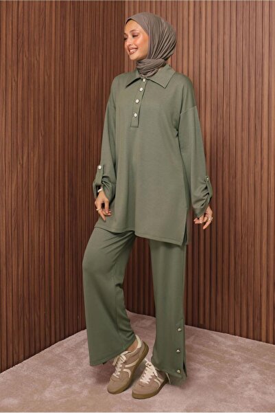 TRENDTESETTÜR Women's Green (Young) Button-Detail Pants Suit t 7035