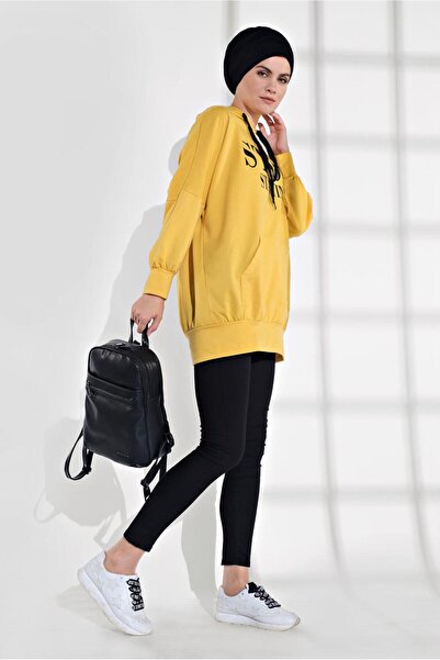 TRENDTESETTÜR Women's Yellow Text Printed Pocketed Tracksuit Tunic 6102