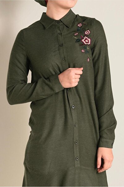 TRENDTESETTÜR Women's Khaki (A.Khaki) Buttoned Tunic with Embroidered Details 4737
