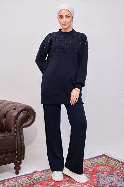TRENDTESETTÜR KADIN LACİVERT İNCİLİ PANTOLONLU TRİKO TAKIM T 8608