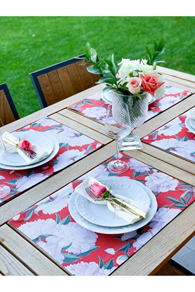 Adawall Red White Rose Fabric American Service Set of 4 35x50cm