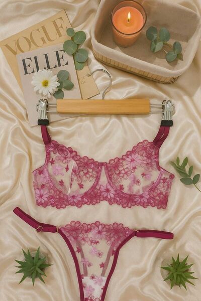 hepimiz alalım Set de bralet și tanga din dantelă transparentă brodată cu flo...