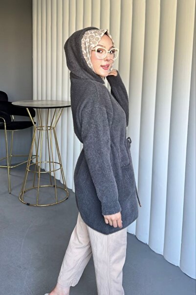Safgiyim44 Angora Hooded Waist-Tie Buttoned Cap Gray