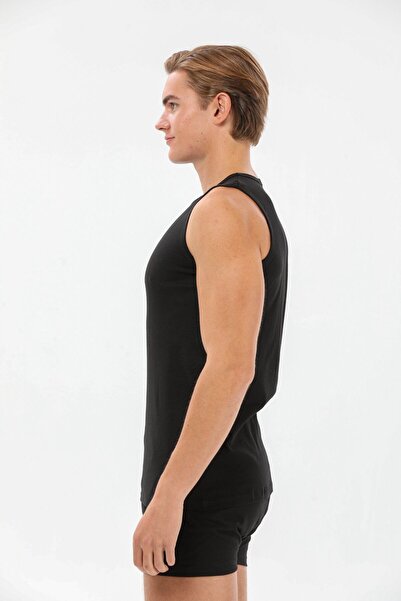 YILDIZ 11 Black Men's 100% Cotton Zero Sleeve Crew Neck Ribbed Comfortable Undershirt