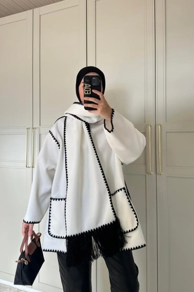 ALFUDO Moda Collection Nakış Detaylı Atkılı Yumuşak Kaşe Kaban - Ceket