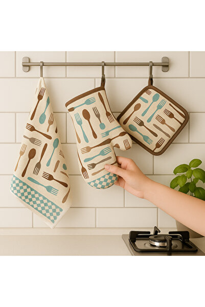 Dania Kitchen set, towel, heat holder and heat insulation made of high-quality cotton fabric, multi-colored