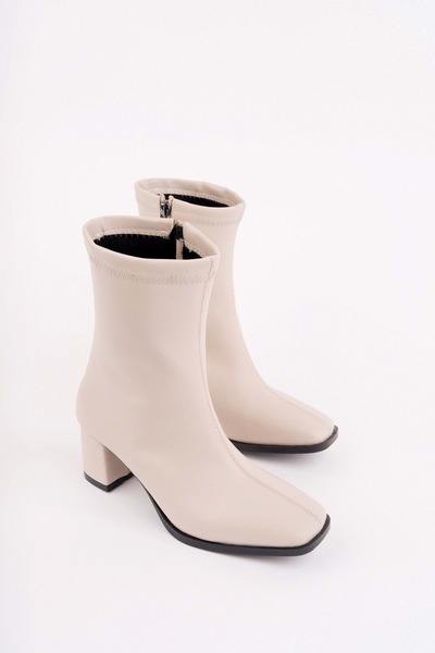 bulutmod BA04587 Krem Kadın Küt Burun Fermuarlı 5 Cm Topuklu Bot - 40