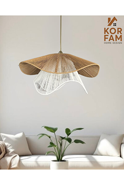 KorFam BREEZE MODELİ - HASIR EL YAPIMI BOHEM ASİMETRİK ŞEKİLLİ RUSTİK AVİZE Kahverengi - Beyaz