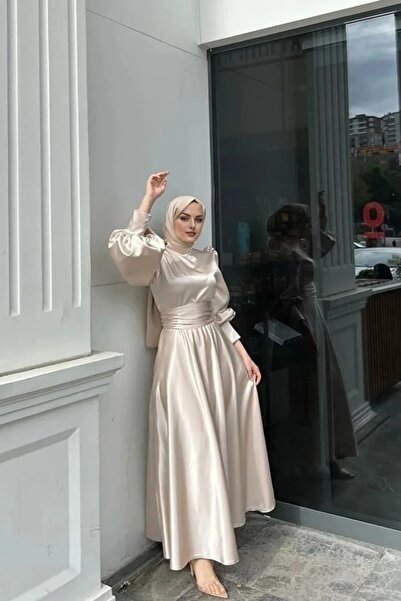 ALFUDO Moda Collection Mabella Kemer Detaylı Saten Tesettür Mezuniyet Abiye E...