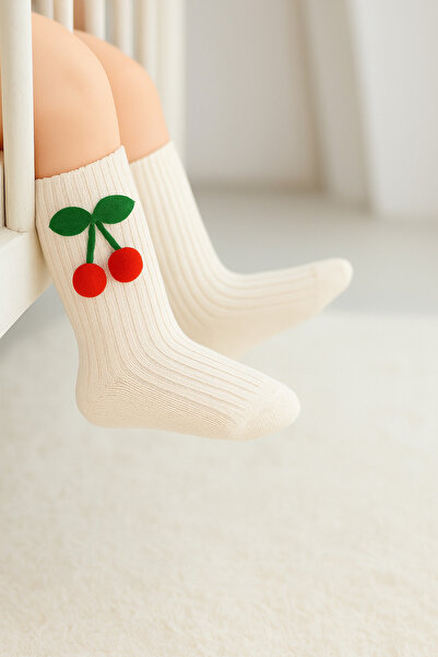 100% Cotton Breathable Non-Sweaty Ecru Baby Girl Cherry Knee-High Socks